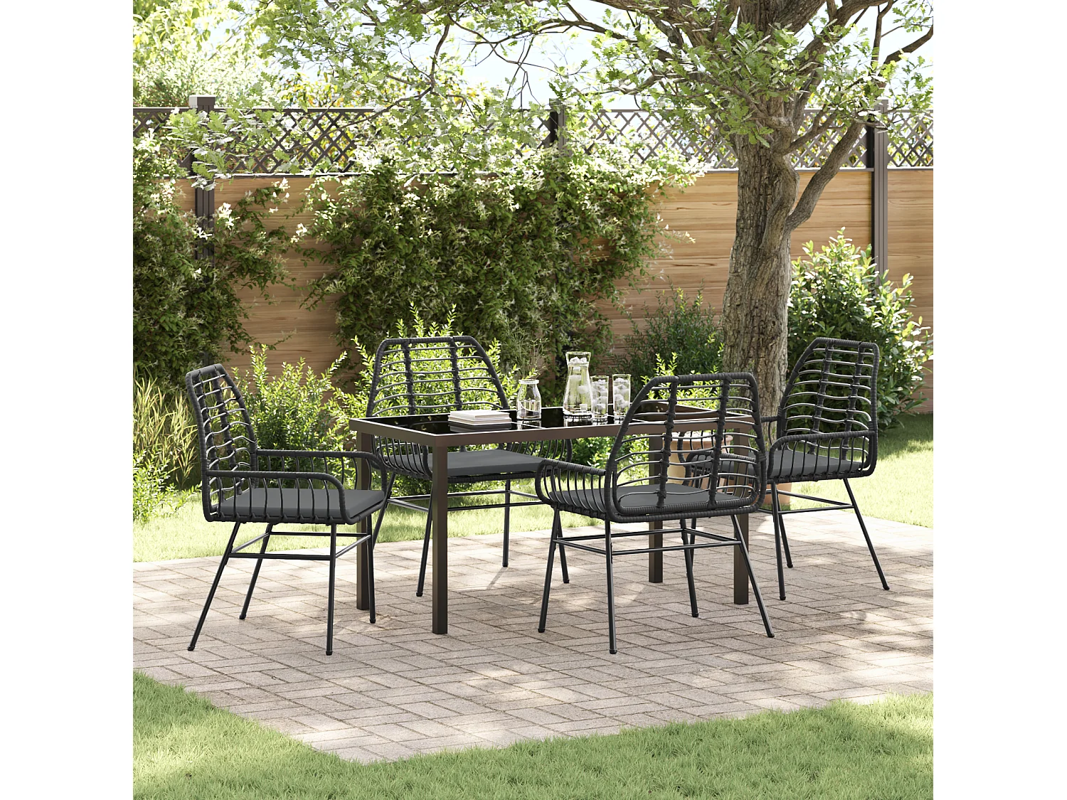 Juego de comedor de jardín de 5 piezas con cojines de ratán negro y poliéster