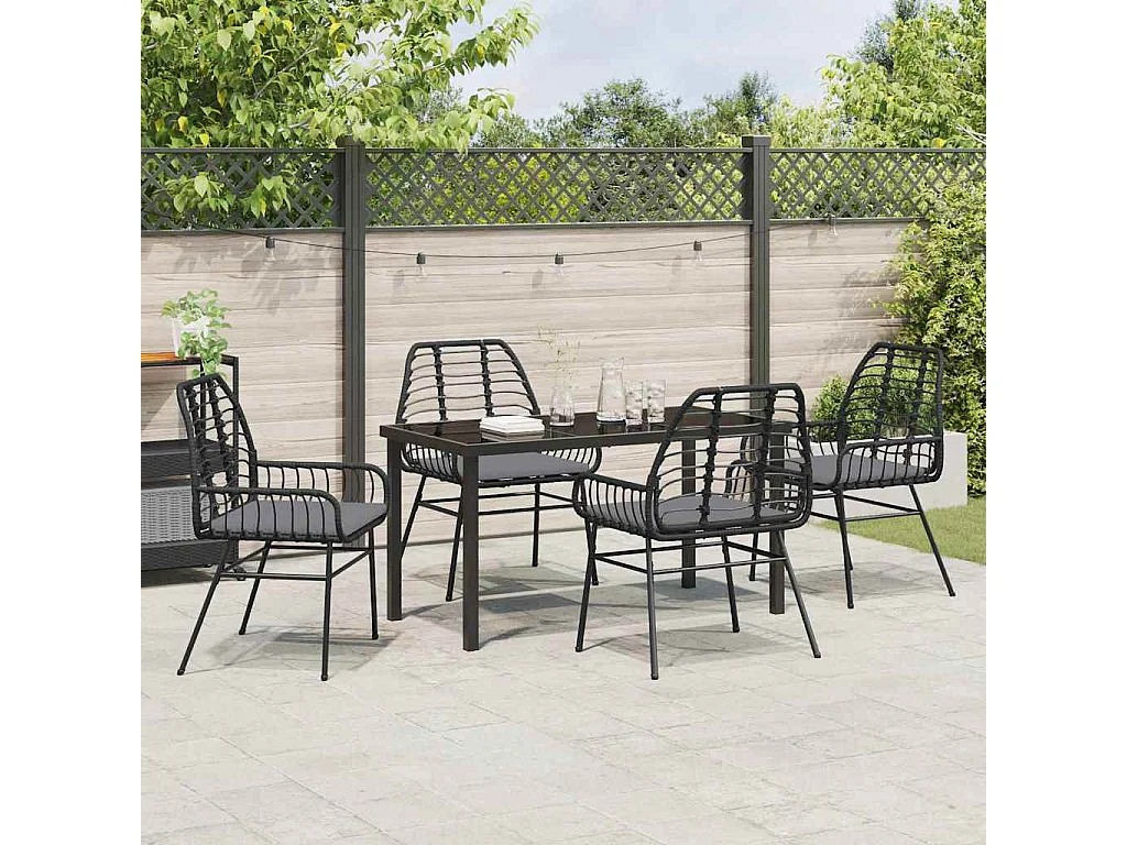 Juego de comedor de jardín de 5 piezas con cojines de ratán negro y poliéster