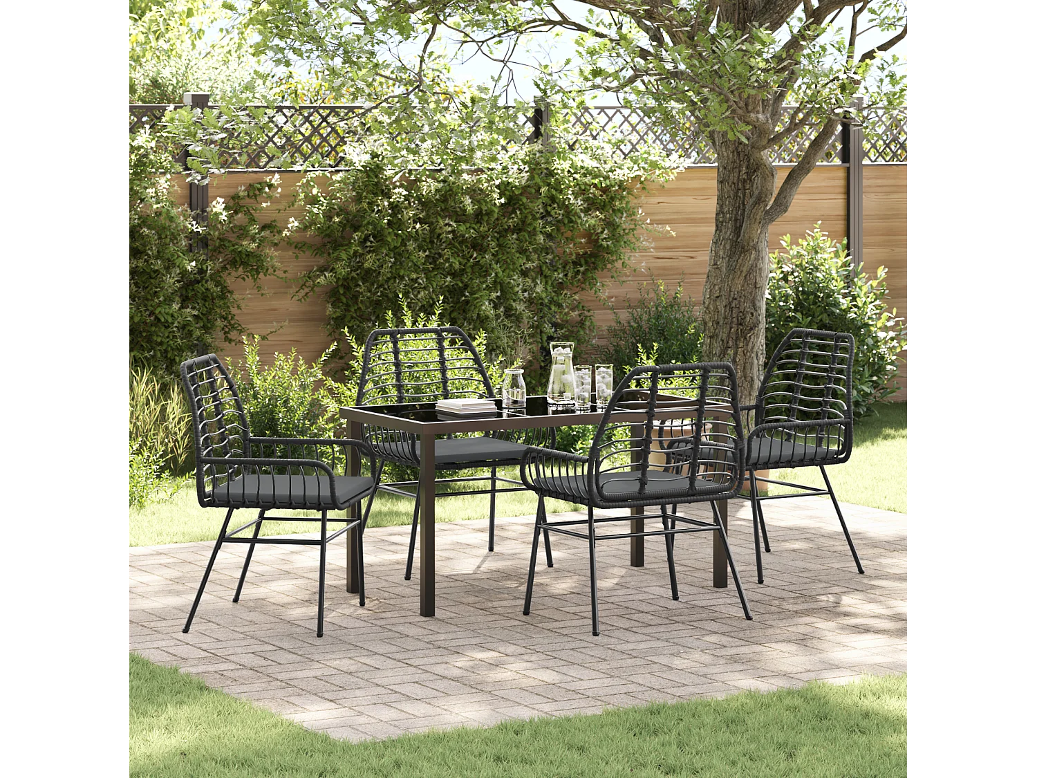 Ensemble de dîner de jardin 5 pièces avec coussins Noir Rattan Poly