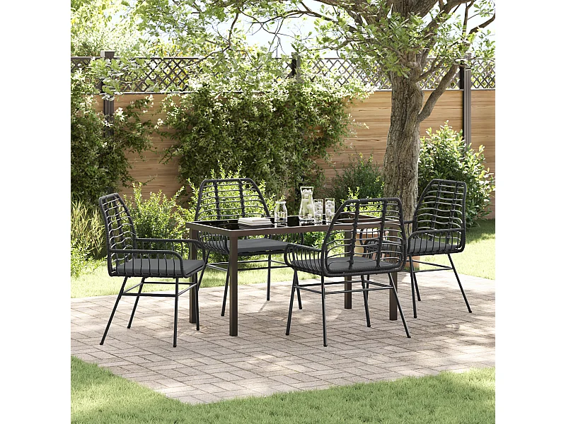 5-delige tuinset met kussens, zwart rotan poly