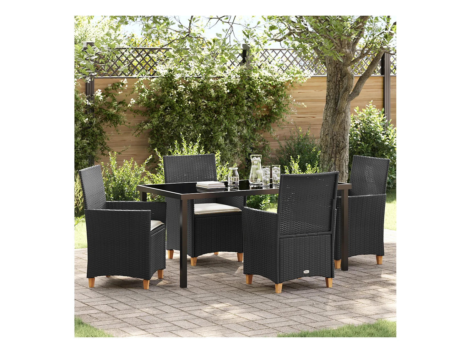 5-teiliges Garten-Ess-Set mit Kissen, schwarzes Polyrattan