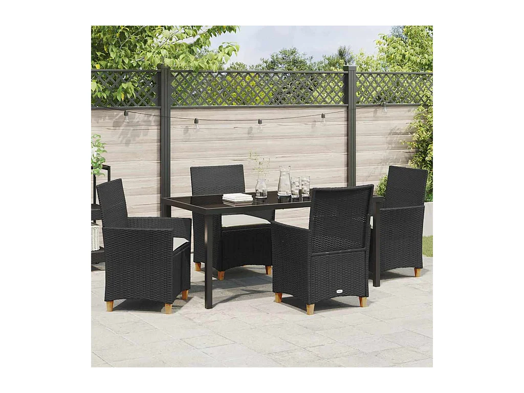 5-teiliges Garten-Ess-Set mit Kissen, schwarzes Polyrattan