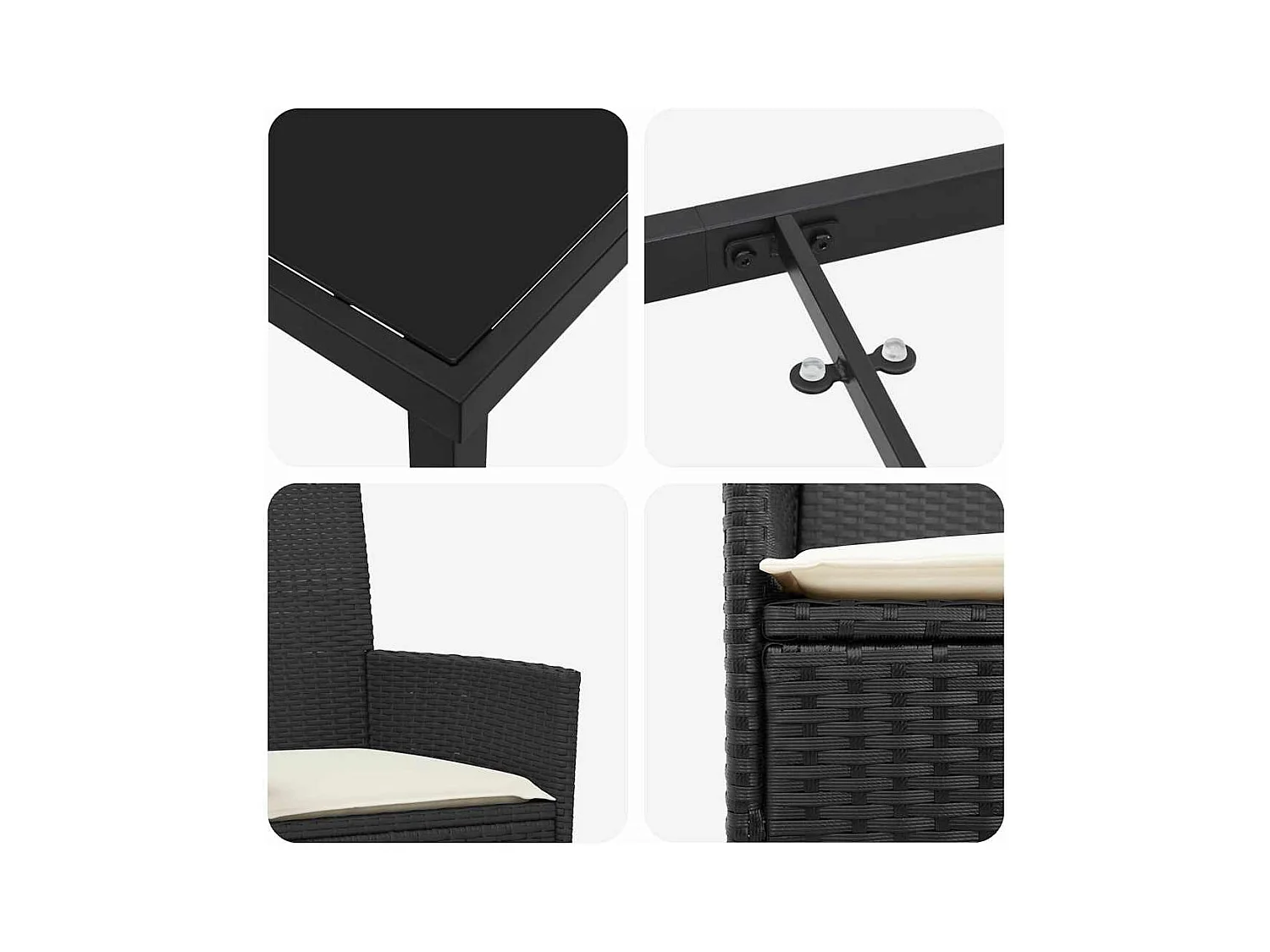 5-teiliges Garten-Ess-Set mit Kissen, schwarzes Polyrattan