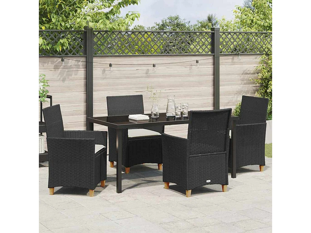 Juego de comedor de jardín de 5 piezas con cojines de ratán sintético negro