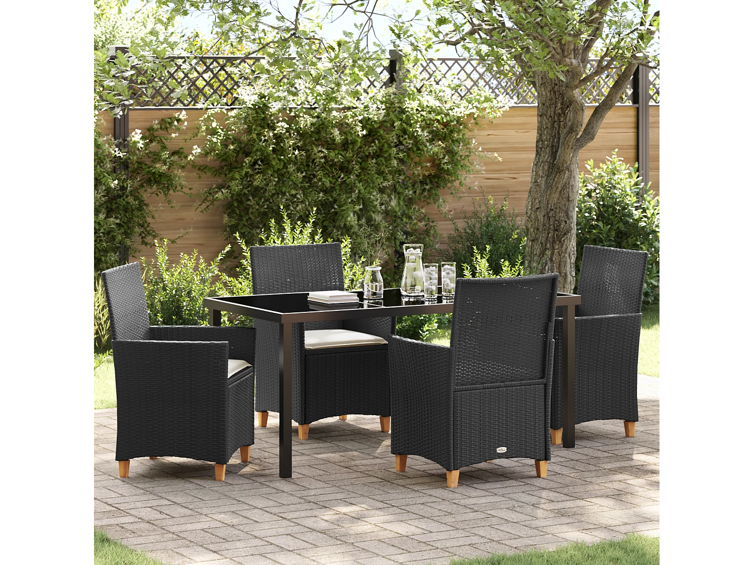 Ensemble de Salle à Manger de Jardin 5 Pièces avec Coussins Noir Poly Rattan