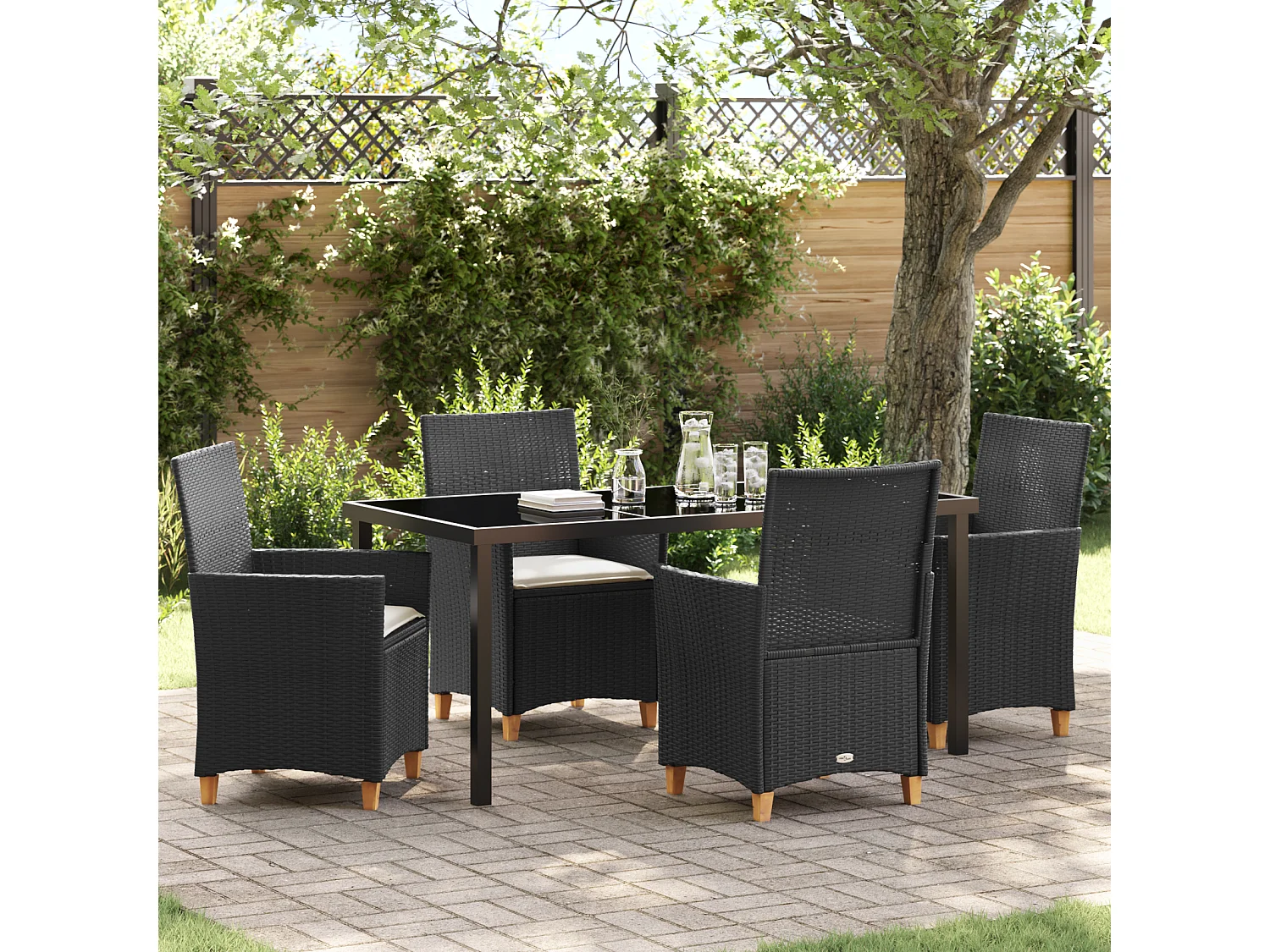 Juego de comedor de jardín de 5 piezas con cojines de ratán sintético negro