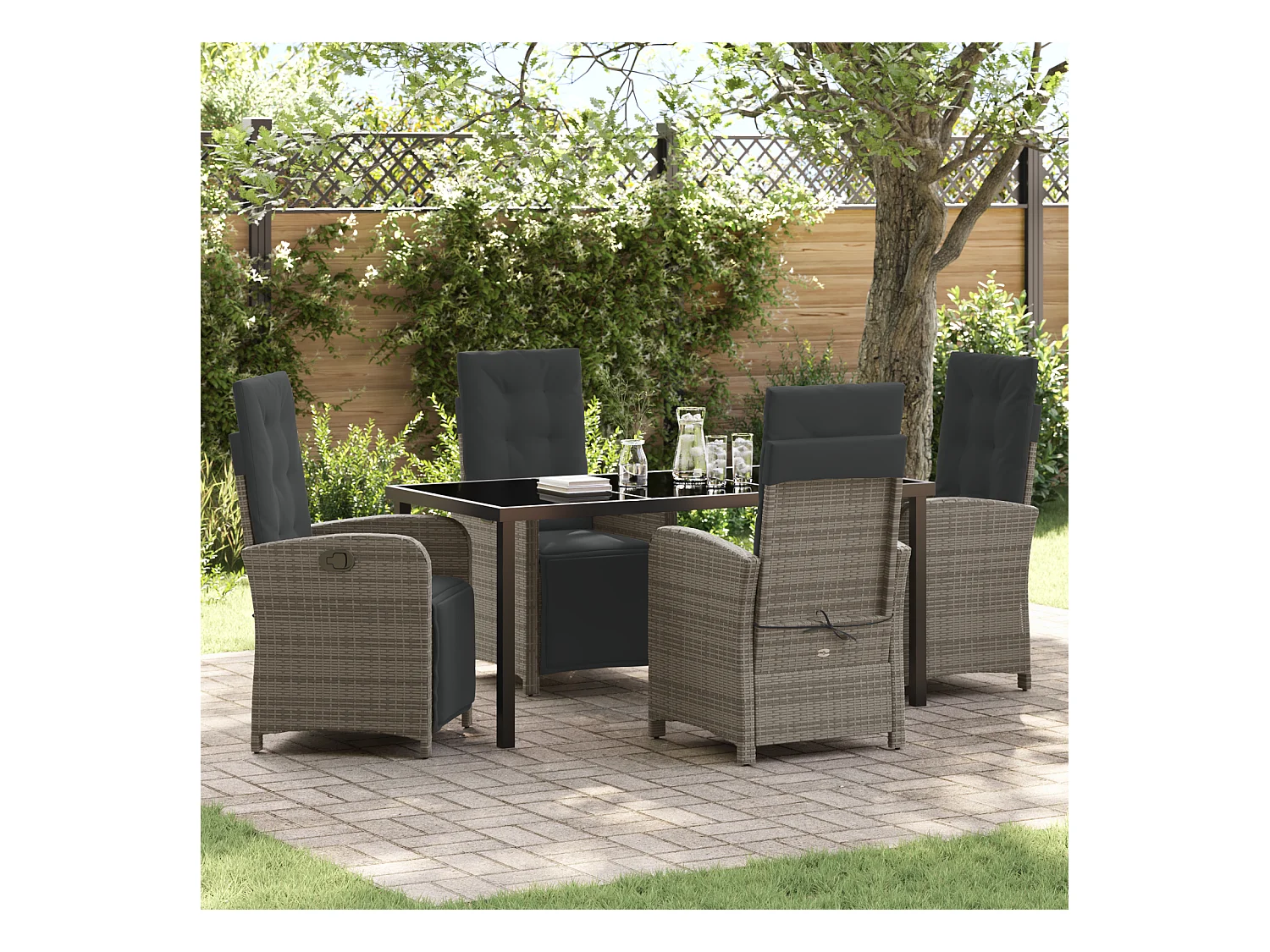 Set da pranzo da giardino 5 pezzi con cuscini in polyrattan grigio