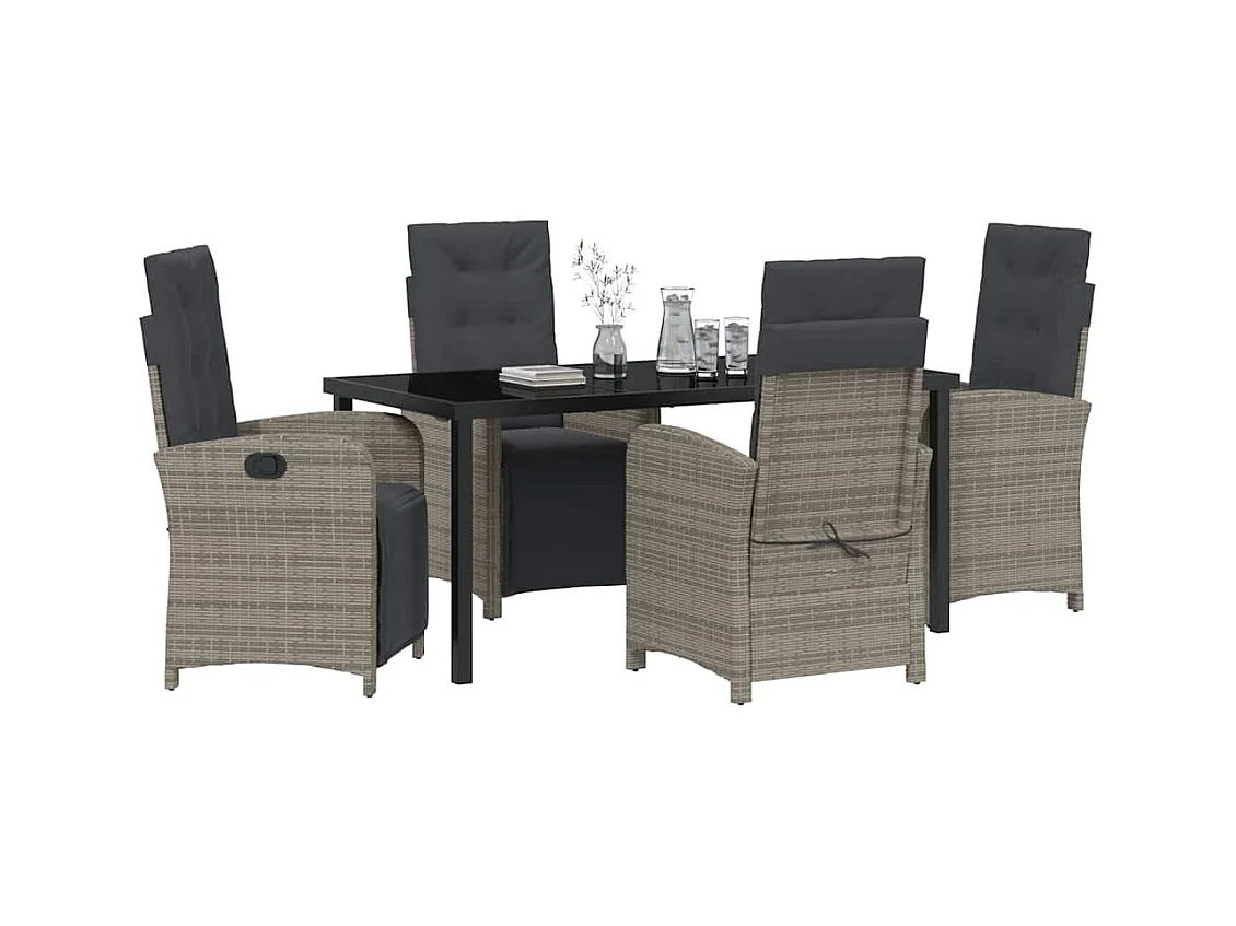 Set da pranzo da giardino 5 pezzi con cuscini in polyrattan grigio