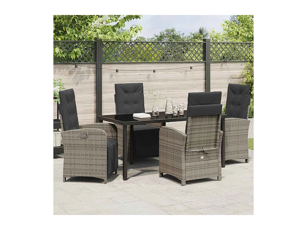 Set da pranzo da giardino 5 pezzi con cuscini in polyrattan grigio