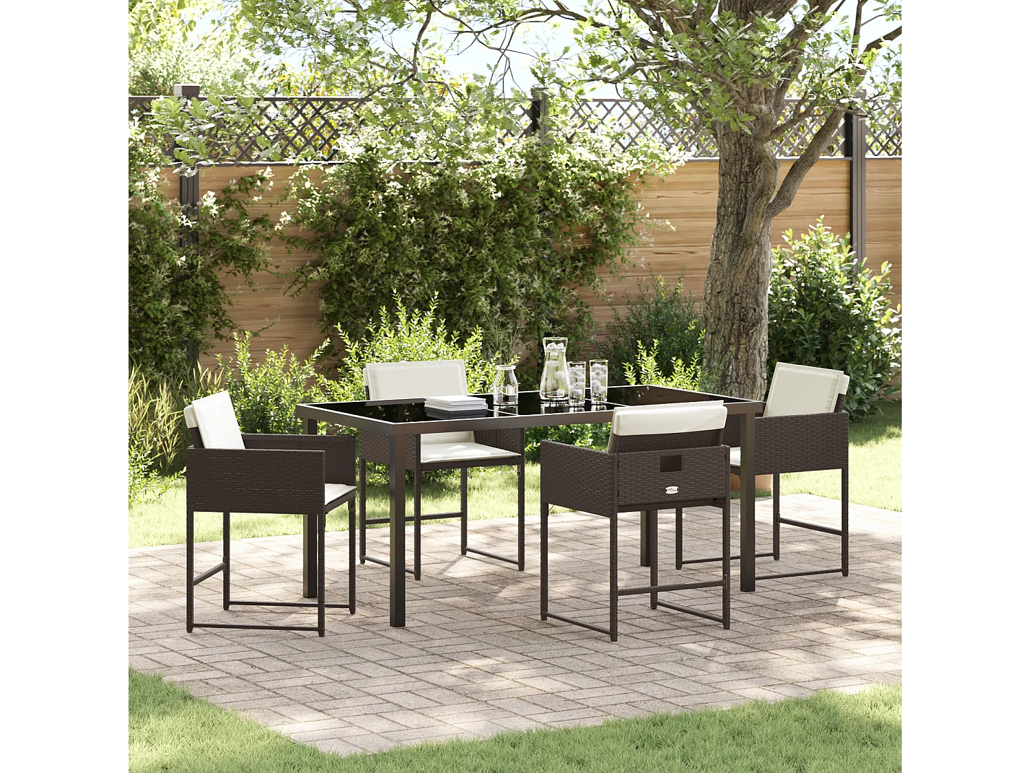 Ensemble de jardin 5 pièces avec coussins Marron Rotin Synthétique