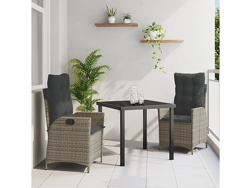 Ensemble de salle à manger de jardin de 3 pièces avec coussins gris en rattan synthétique