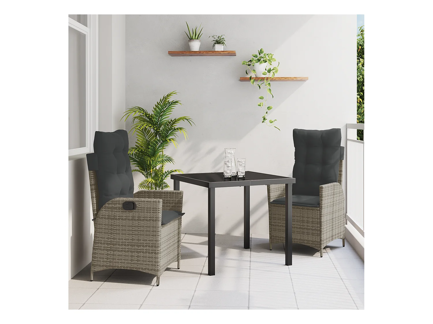 Ensemble de salle à manger de jardin de 3 pièces avec coussins gris en rattan synthétique