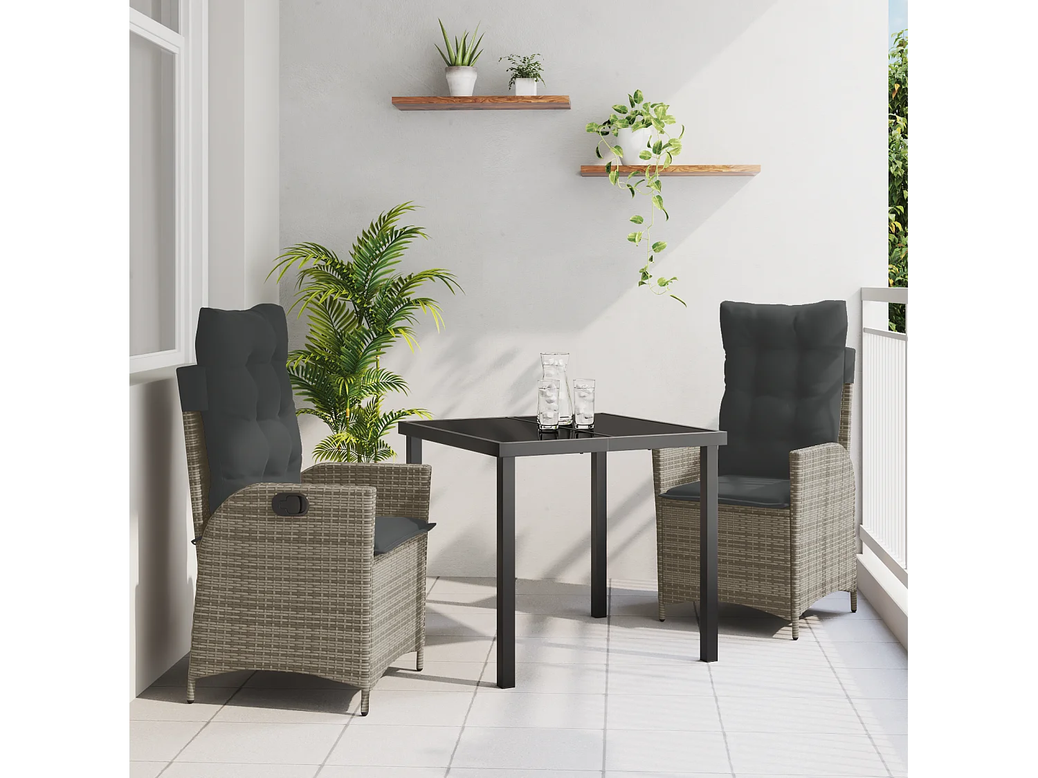 Ensemble de salle à manger de jardin de 3 pièces avec coussins gris en rattan synthétique