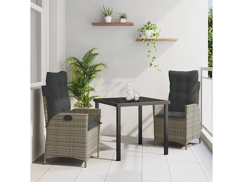 3-delige tuinset met grijze synthetische rotan kussens