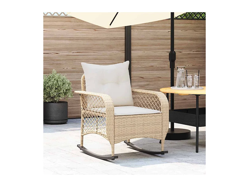 Sedia a dondolo da giardino con cuscini in vimini di resina beige