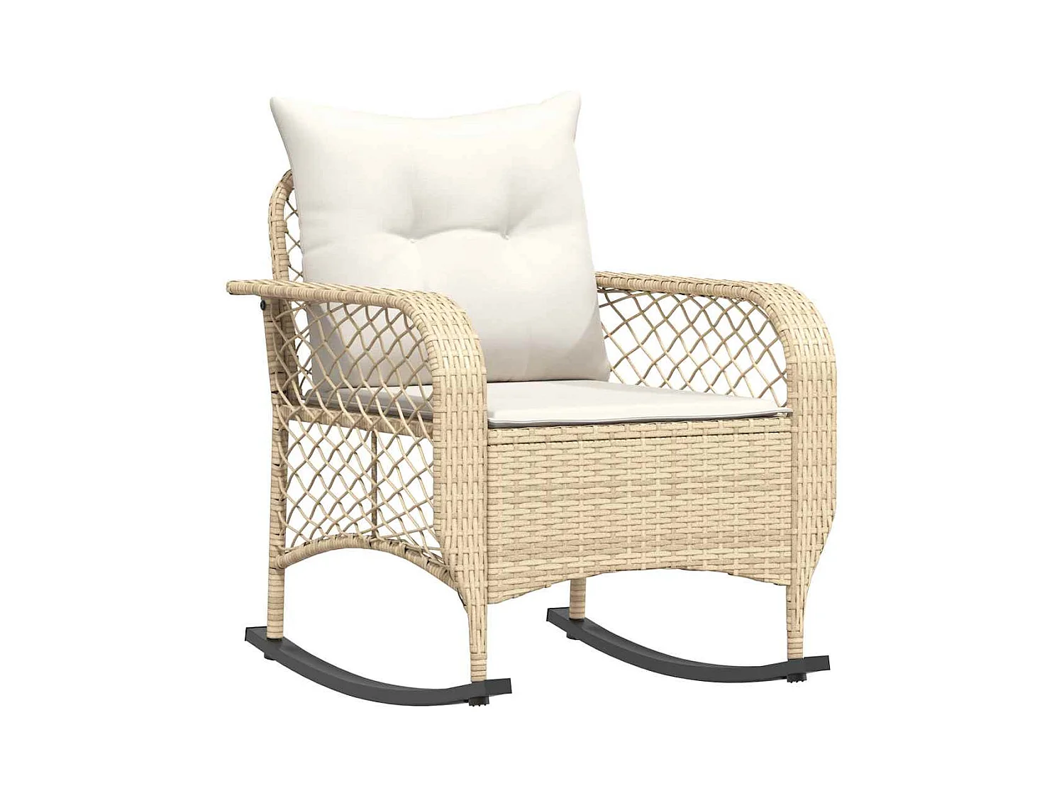 Sedia a dondolo da giardino con cuscini in vimini di resina beige