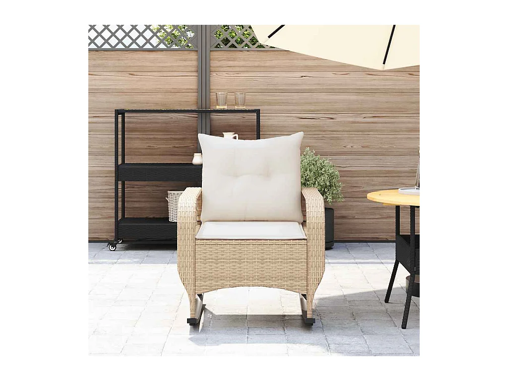 Sedia a dondolo da giardino con cuscini in vimini di resina beige