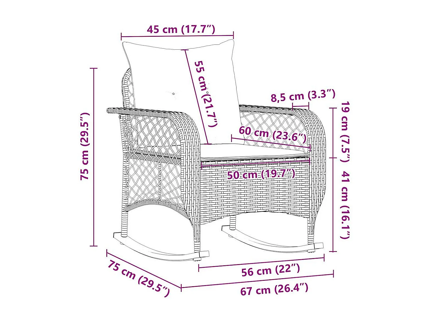 Chaise à bascule de jardin avec coussins beige résine tressée