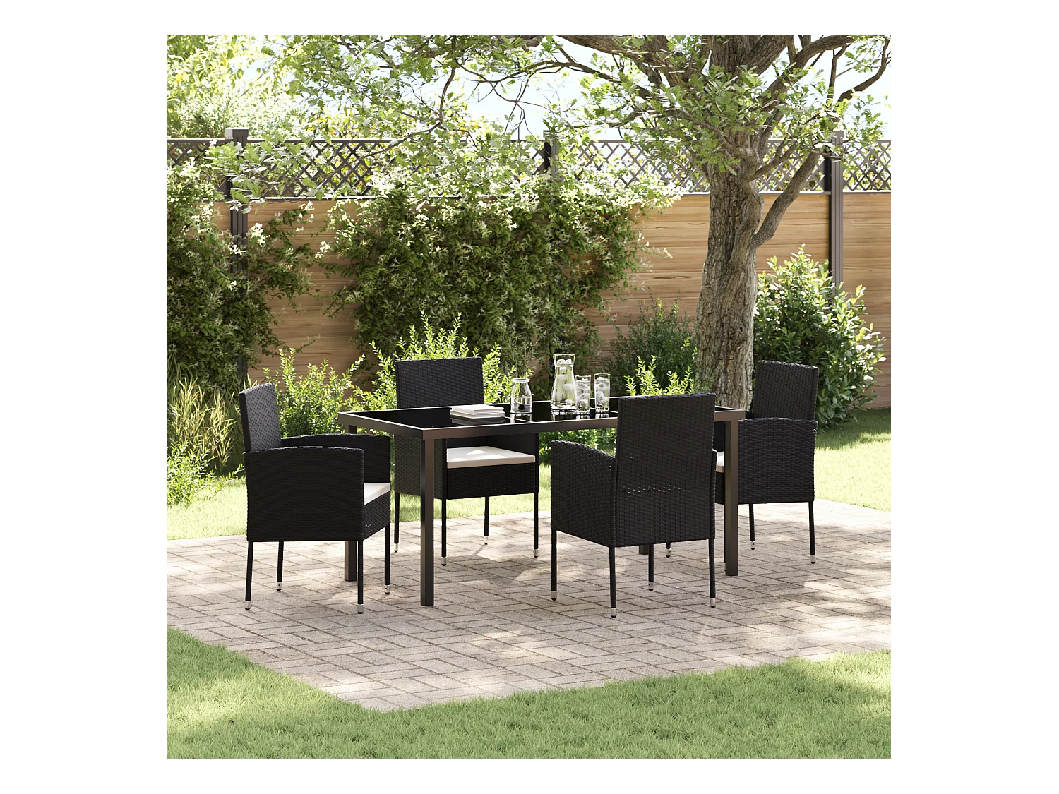 Set da pranzo da giardino 5 pezzi con cuscini in polyrattan nero