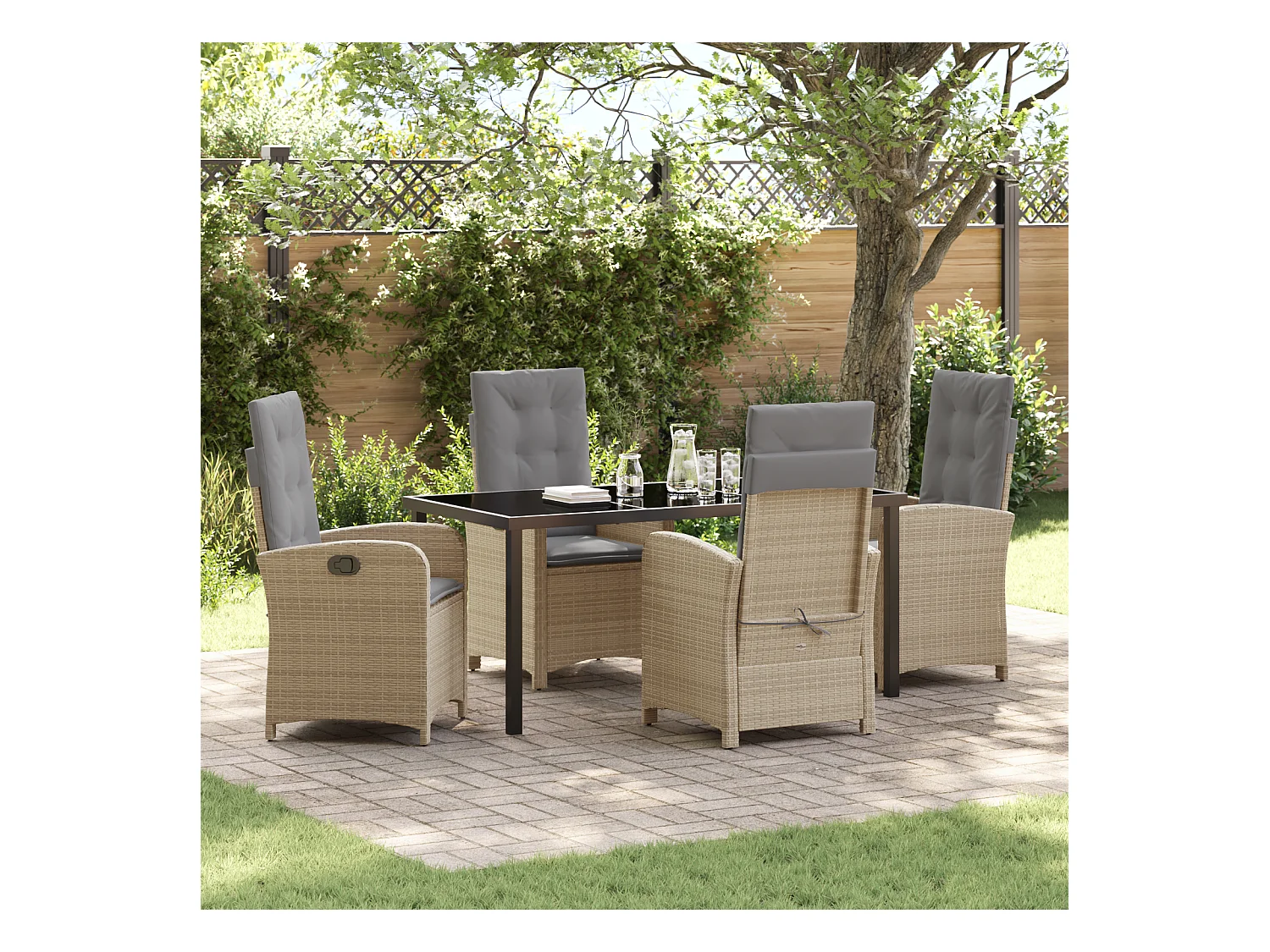 Ensemble de salle à manger de jardin 5 pièces avec coussins en poly rattan beige