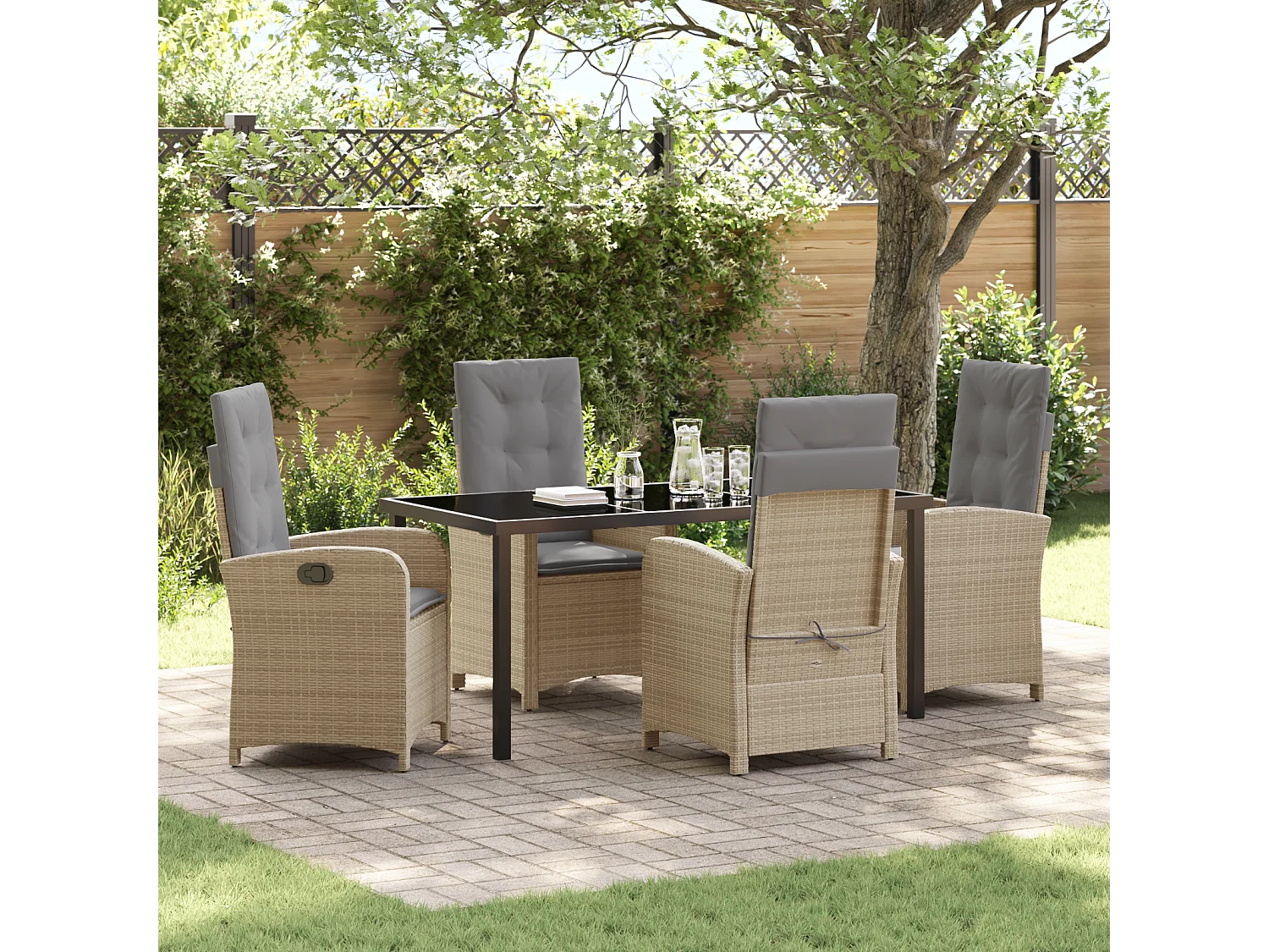 Ensemble de salle à manger de jardin 5 pièces avec coussins en poly rattan beige