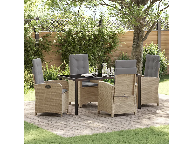 Ensemble de salle à manger de jardin 5 pièces avec coussins en poly rattan beige