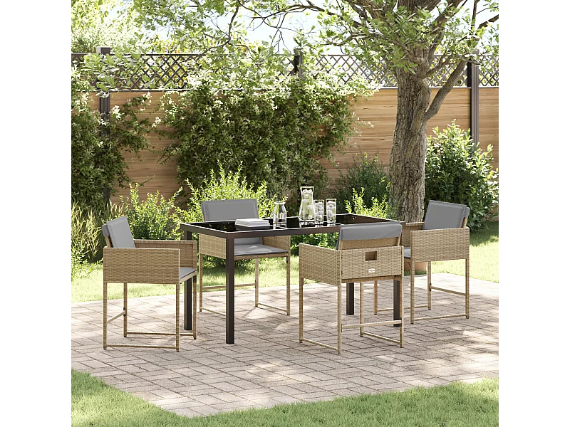 Ensemble de Dîner de Jardin 5 Pièces avec Coussins Beige Rattan Poly