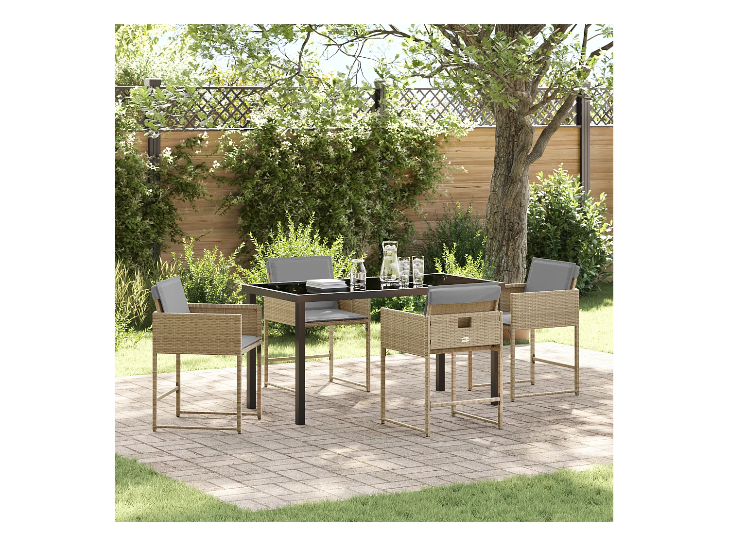 Ensemble de Dîner de Jardin 5 Pièces avec Coussins Beige Rattan Poly