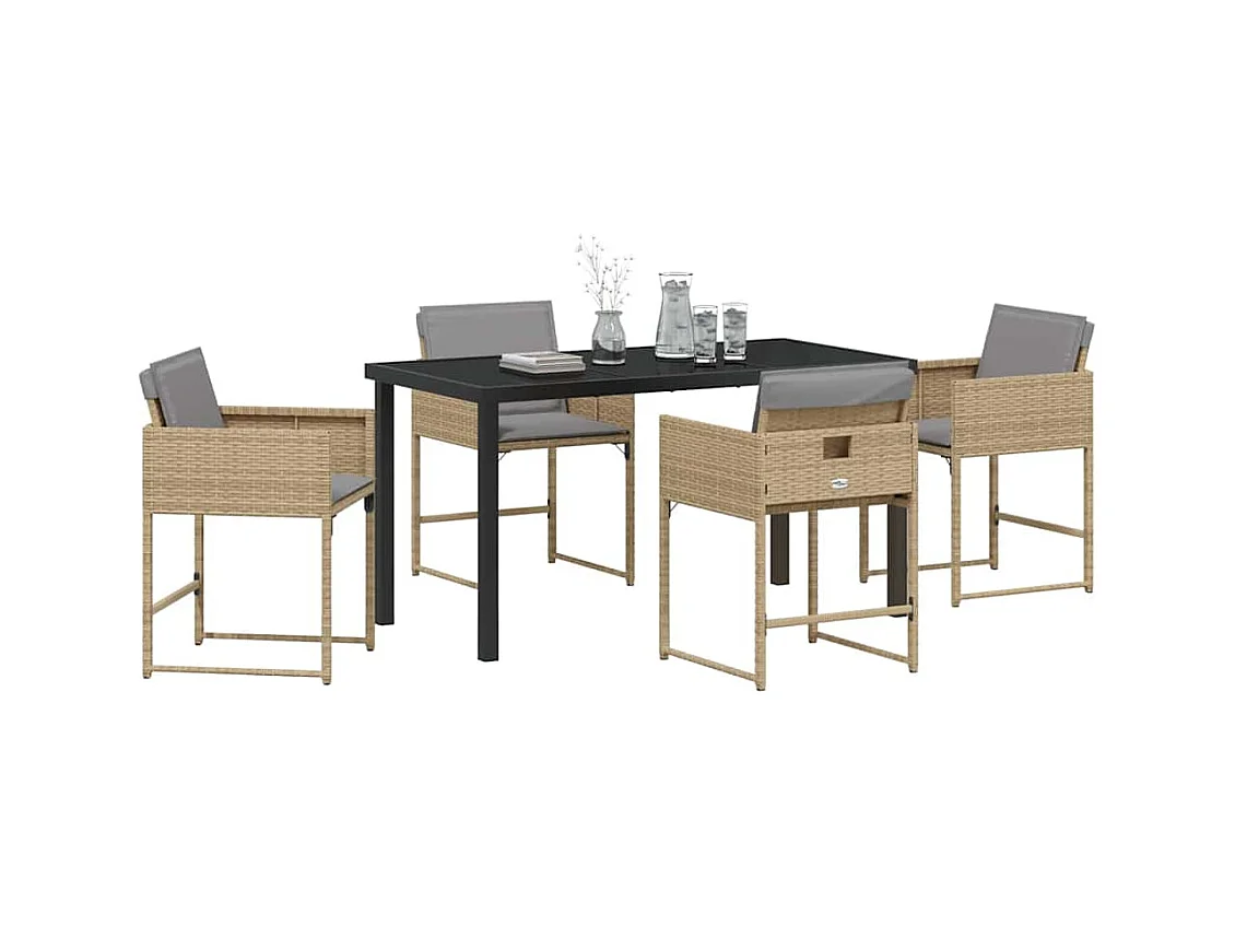 Ensemble de Dîner de Jardin 5 Pièces avec Coussins Beige Rattan Poly