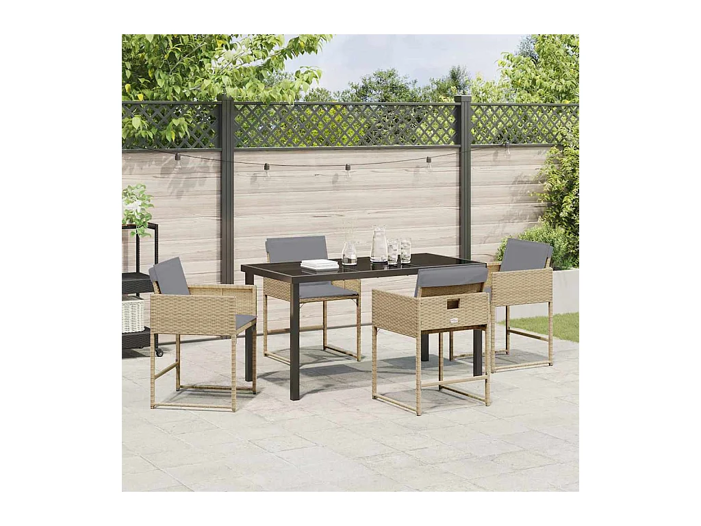 Ensemble de Dîner de Jardin 5 Pièces avec Coussins Beige Rattan Poly