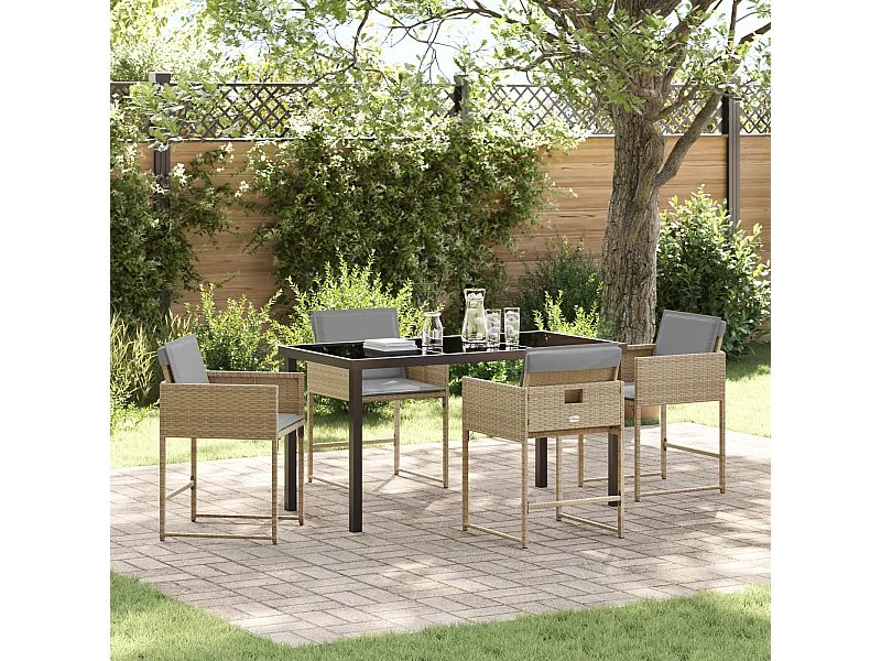 5-teiliges Garten-Ess-Set mit beigen Kissen, Poly Rattan