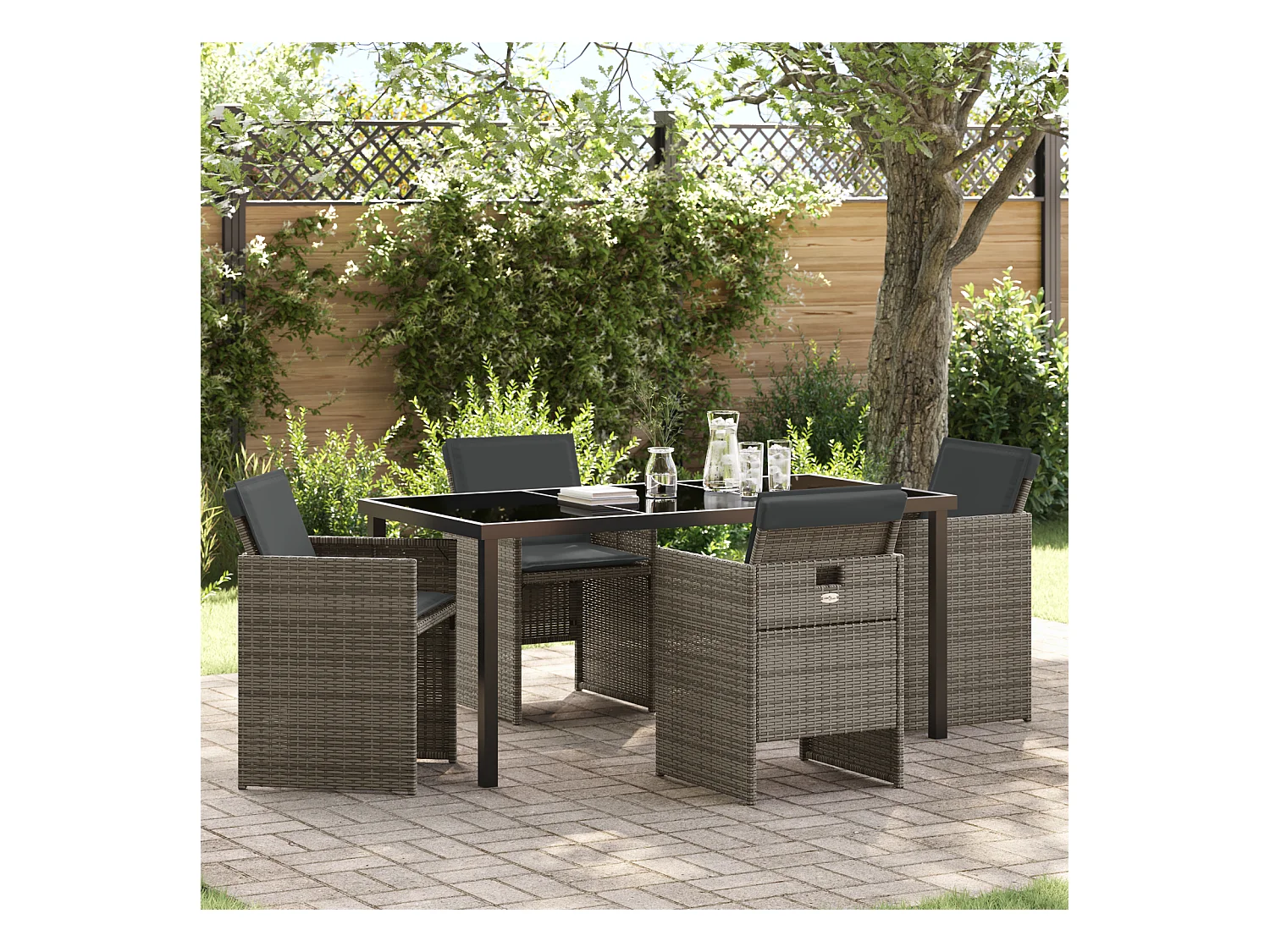 Set da pranzo da giardino 5 pezzi con cuscini in polyrattan grigio