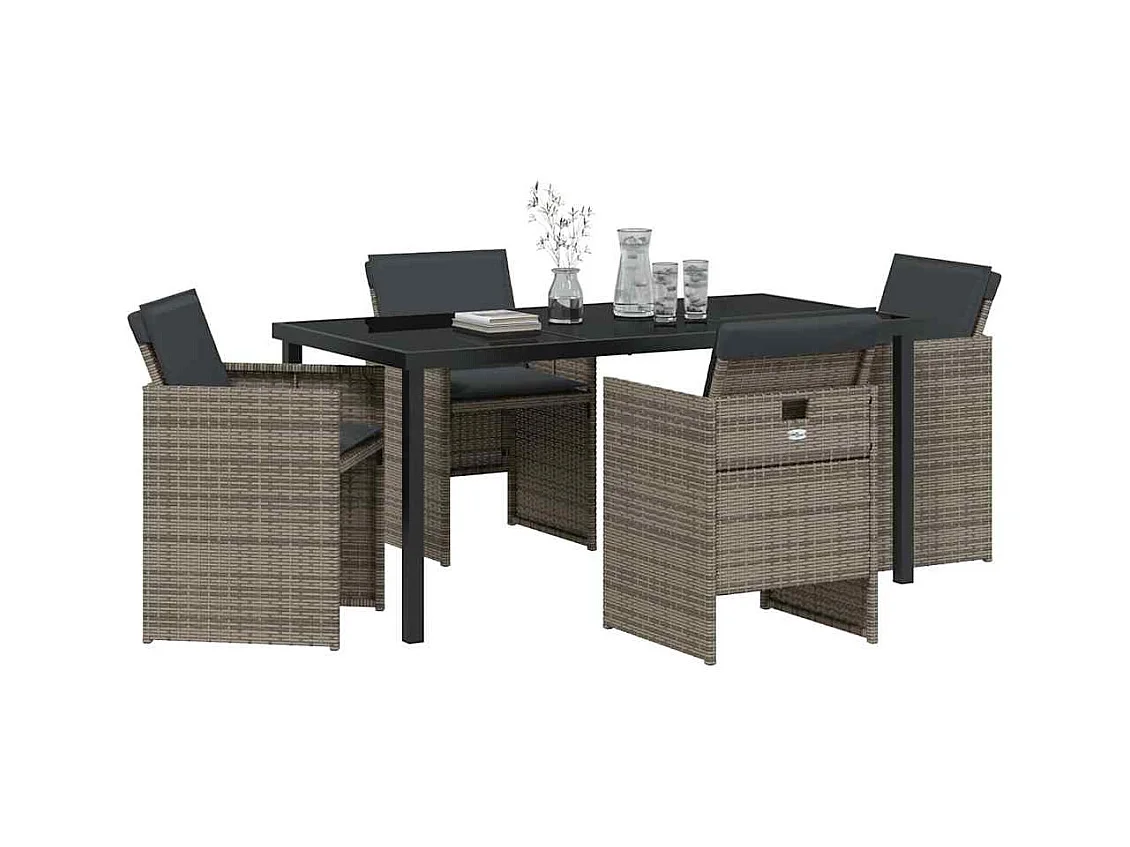 Set da pranzo da giardino 5 pezzi con cuscini in polyrattan grigio