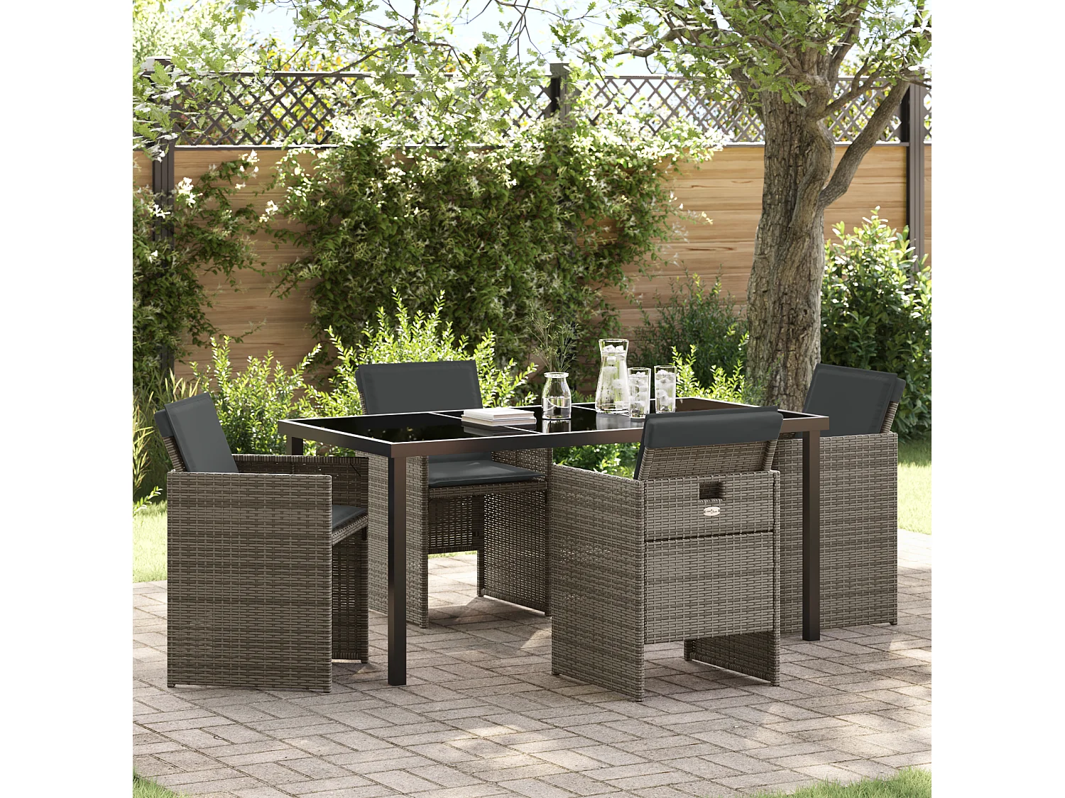Set da pranzo da giardino 5 pezzi con cuscini in polyrattan grigio