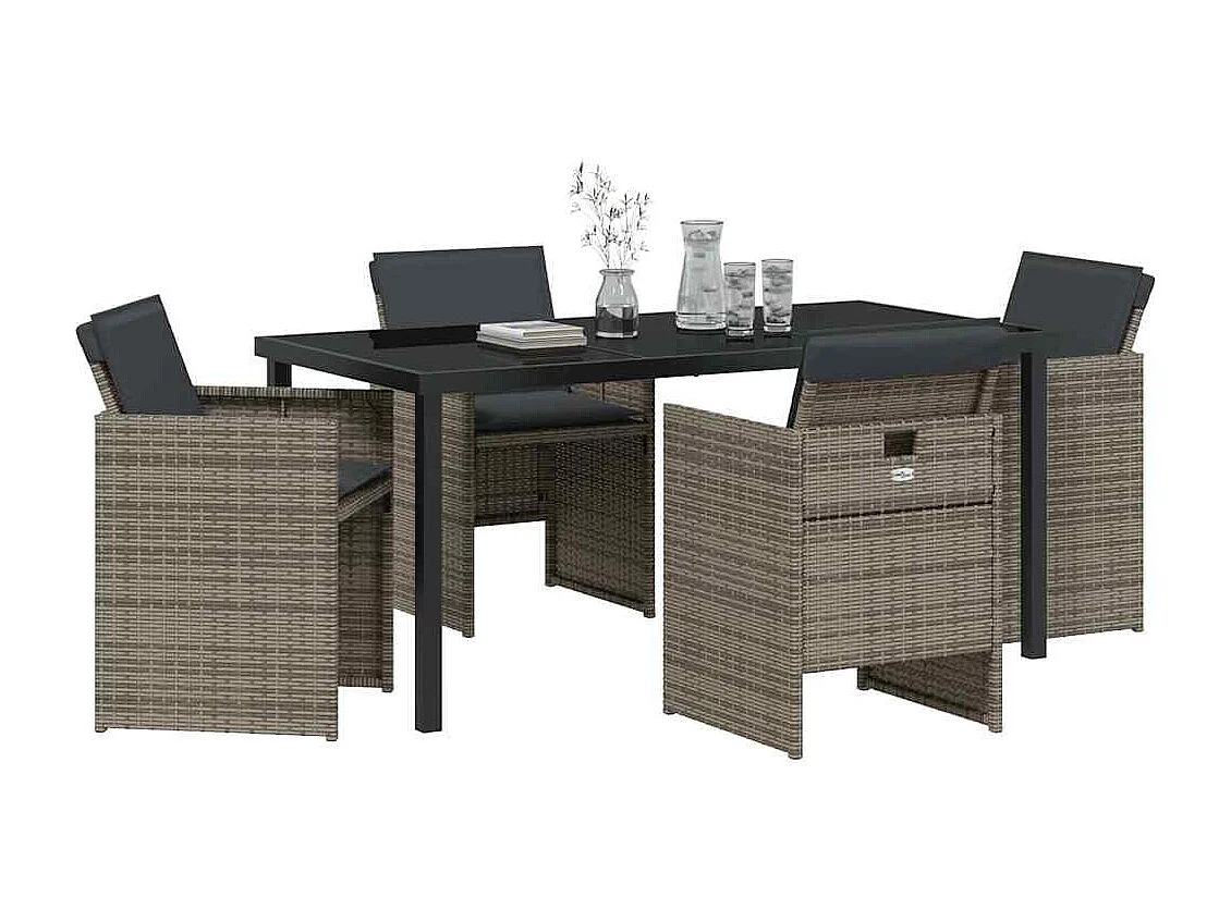 Set da pranzo da giardino 5 pezzi con cuscini in polyrattan grigio