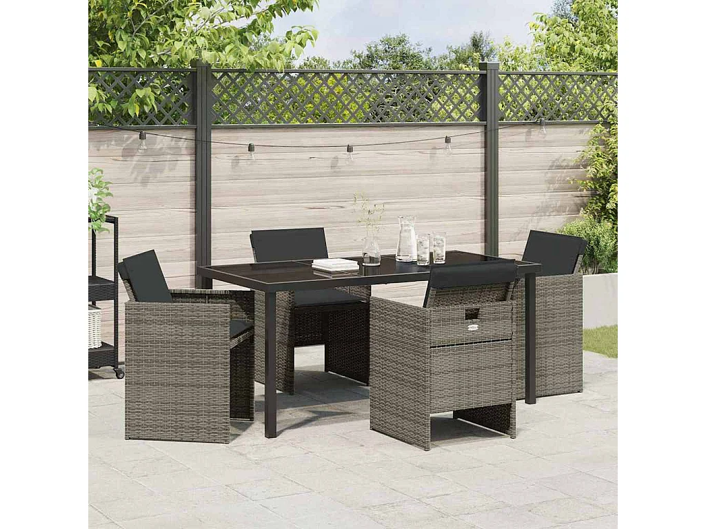 Set da pranzo da giardino 5 pezzi con cuscini in polyrattan grigio