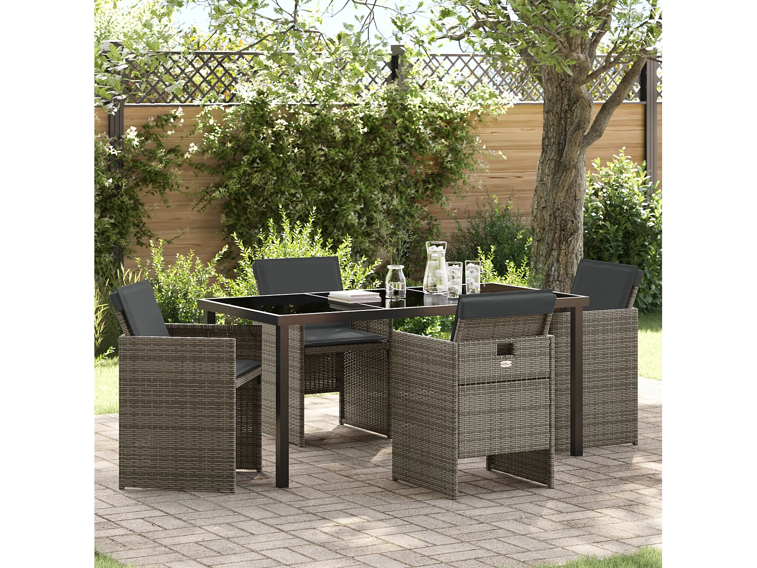 Set da pranzo da giardino 5 pezzi con cuscini in polyrattan grigio