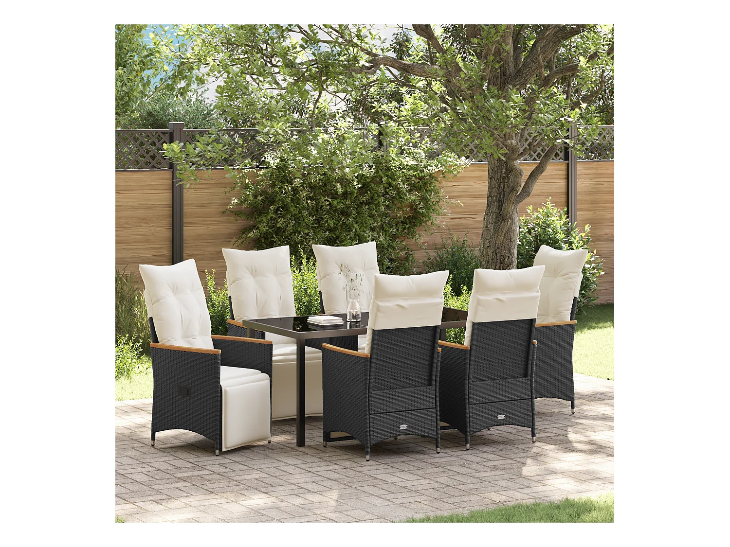 Ensemble de salle à manger de jardin de 7 pièces avec coussins Rattan Poly Noir
