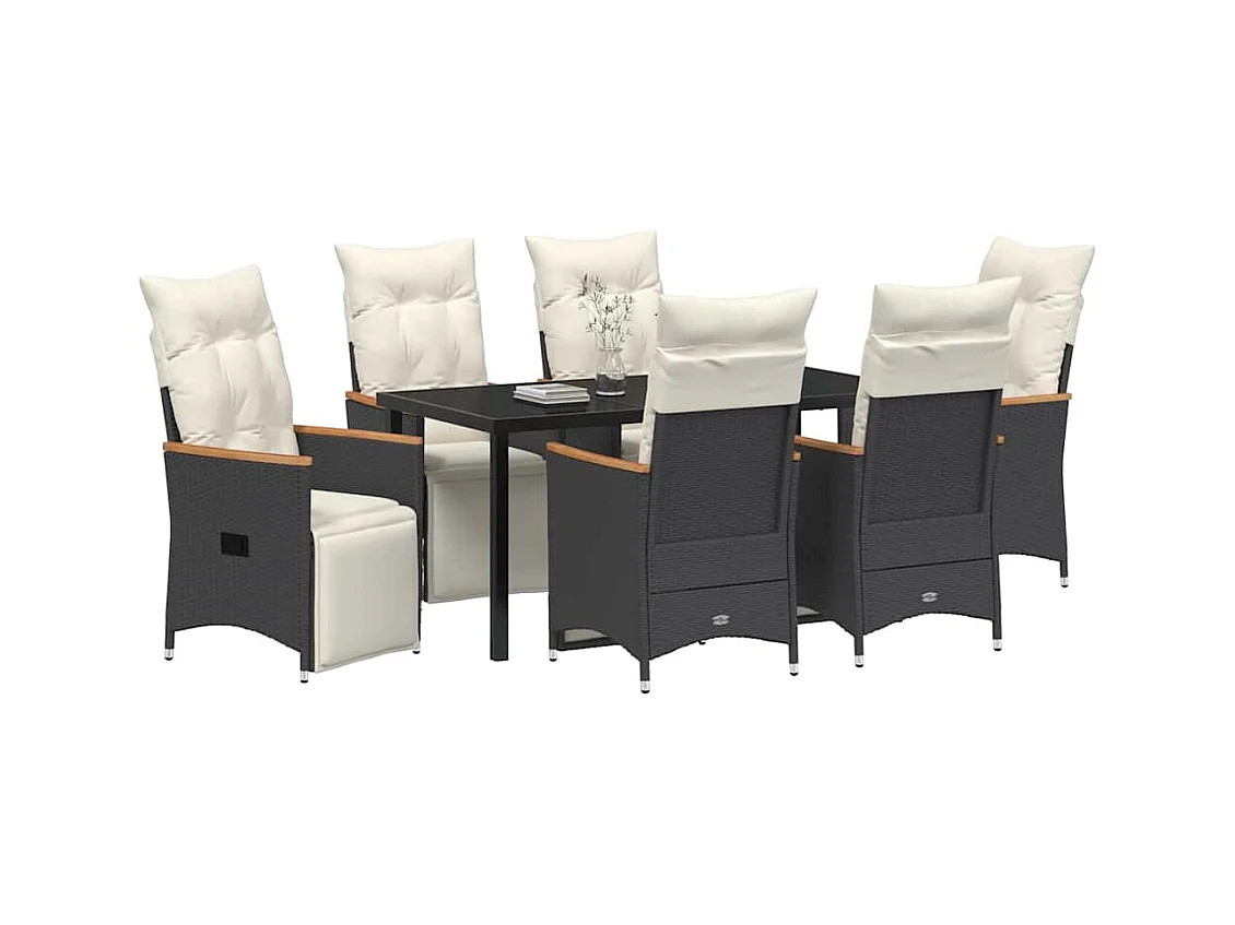 Ensemble de salle à manger de jardin de 7 pièces avec coussins Rattan Poly Noir