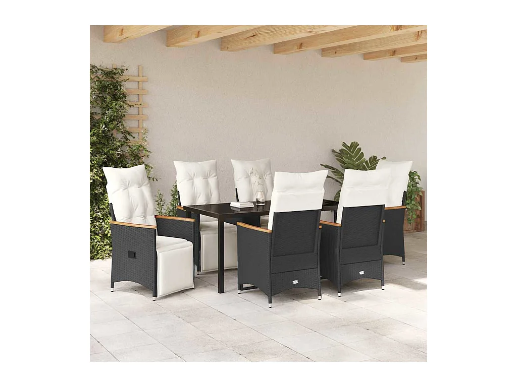 Ensemble de salle à manger de jardin de 7 pièces avec coussins Rattan Poly Noir