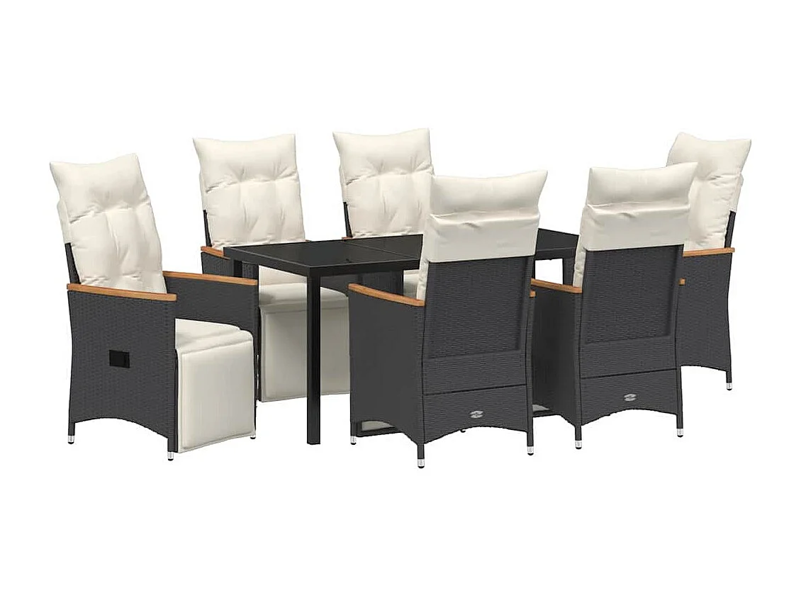 Ensemble de salle à manger de jardin de 7 pièces avec coussins Rattan Poly Noir