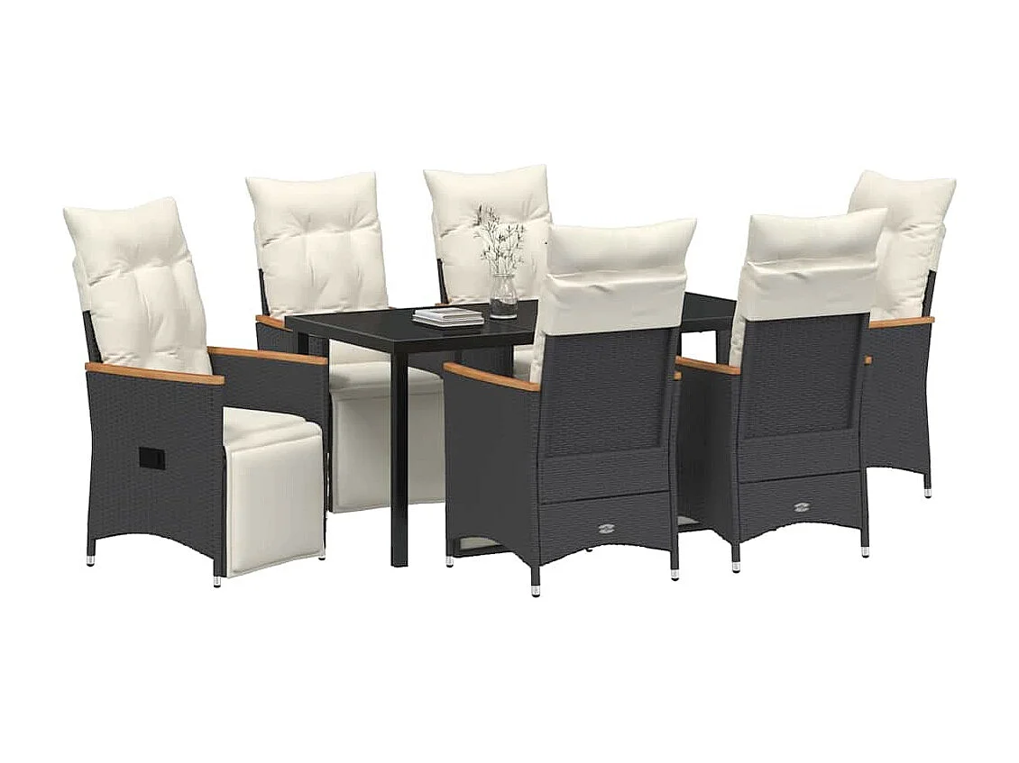 Ensemble de salle à manger de jardin de 7 pièces avec coussins Rattan Poly Noir
