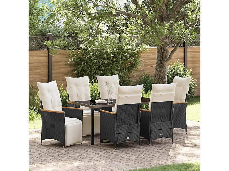 Ensemble de salle à manger de jardin de 7 pièces avec coussins Rattan Poly Noir