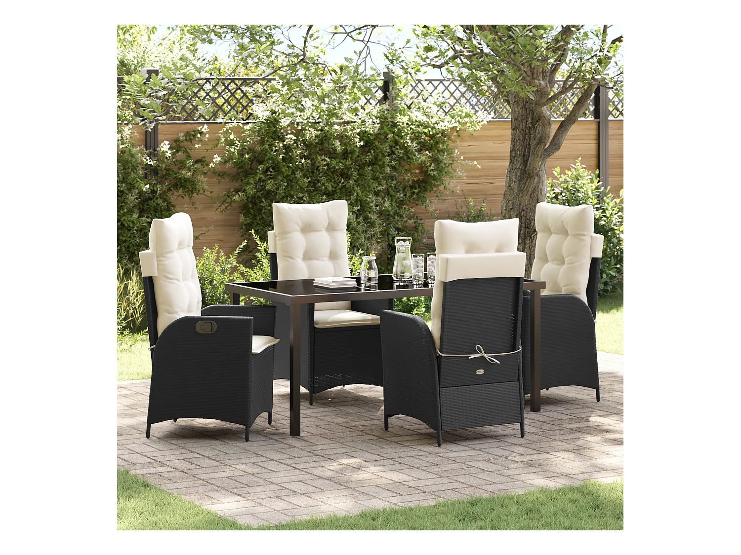 5-teiliges Gartenset mit Kissen, schwarzes Rattan, Poly