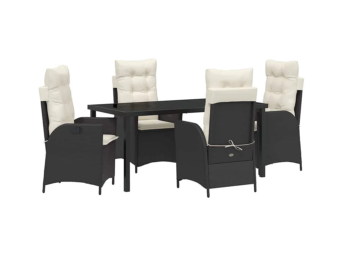 5-teiliges Gartenset mit Kissen, schwarzes Rattan, Poly