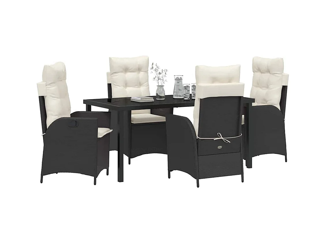 5-teiliges Gartenset mit Kissen, schwarzes Rattan, Poly