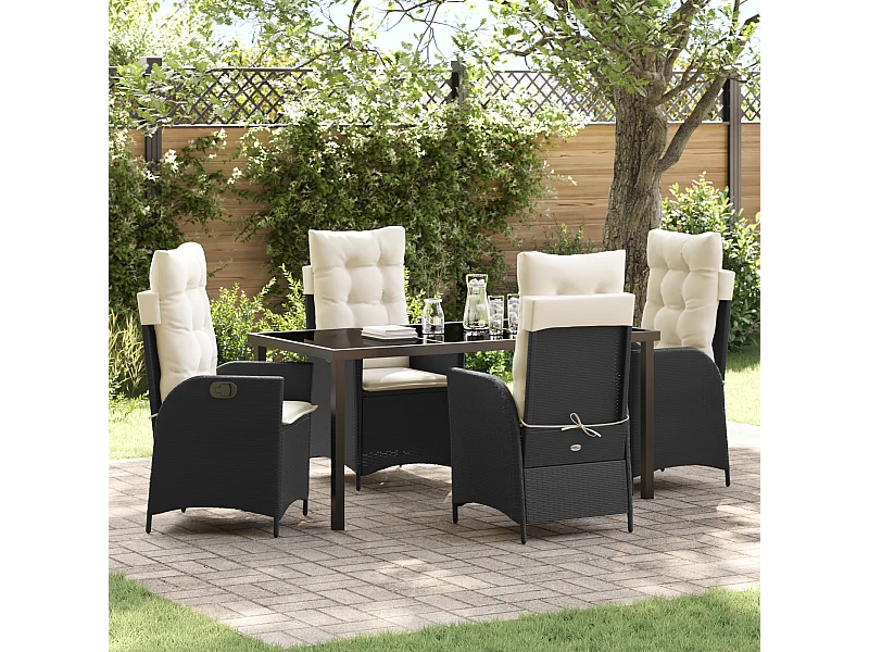 Ensemble de jardin 5 pièces avec coussins Noir Rattan Poly