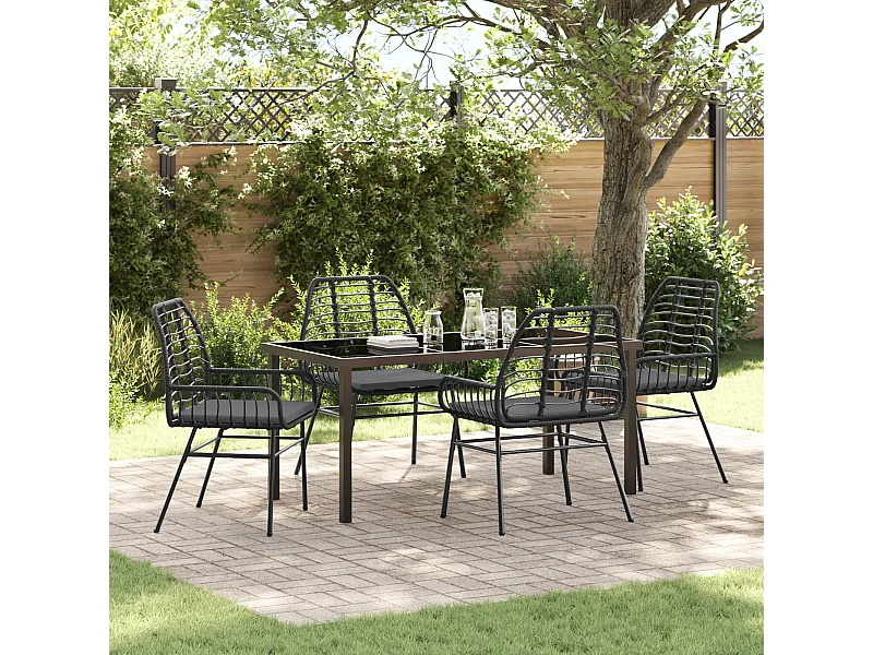 5-teiliges Garten-Ess-Set mit Kissen, schwarzes Polyrattan