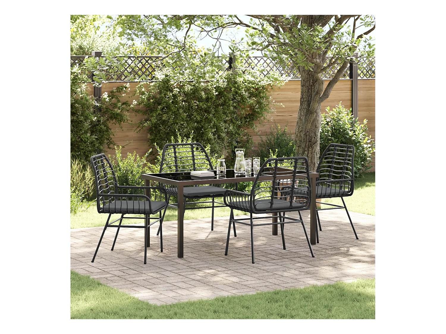 5-teiliges Garten-Ess-Set mit Kissen, schwarzes Polyrattan