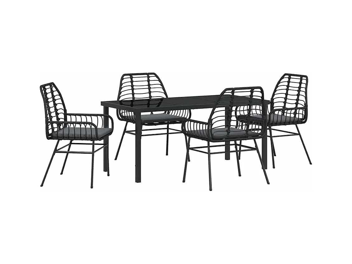 5-teiliges Garten-Ess-Set mit Kissen, schwarzes Polyrattan